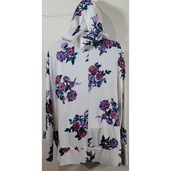 It's Our Time White Purple Floral Open Front Hooded Cardigan Sweater Large Soft - Picture 2 of 6